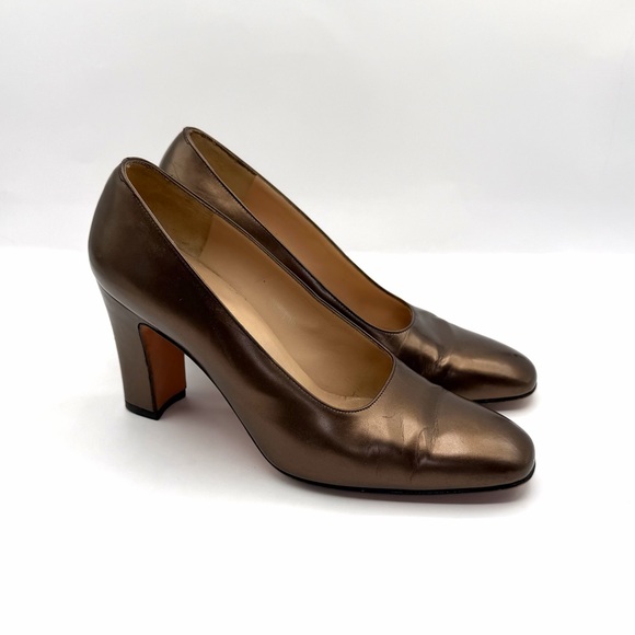 Salvatore Ferragamo Shoes - VINTAGE FERRAGAMO Pumps Block Heel US 6B Metallic Bronze Italian Luxury Collect.